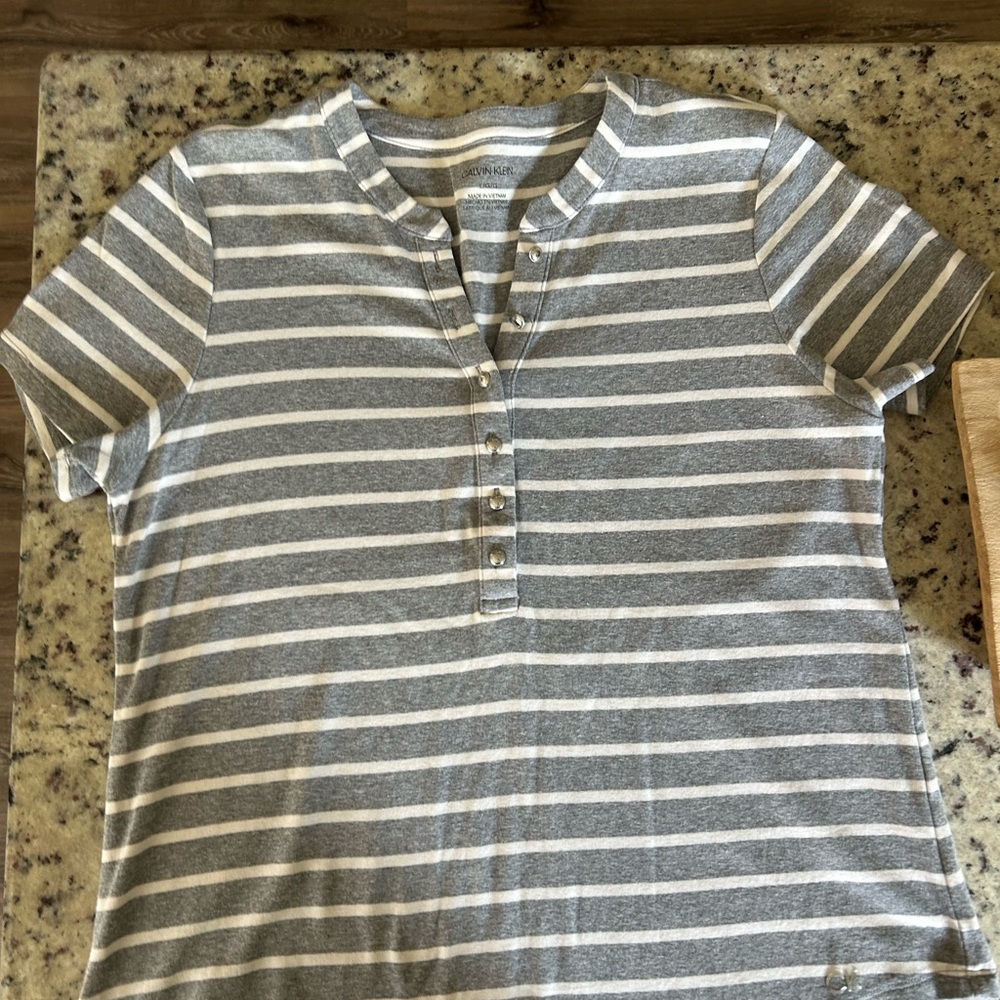 Calvin Klein Gray and White Striped Short Sleeve Tee